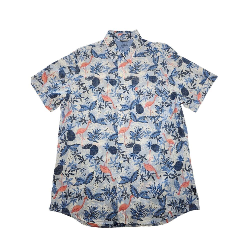 IZOD Men's Cotton Flamingo Tropical Short Sleeve Shirt Sky Blue Sz L Coastal